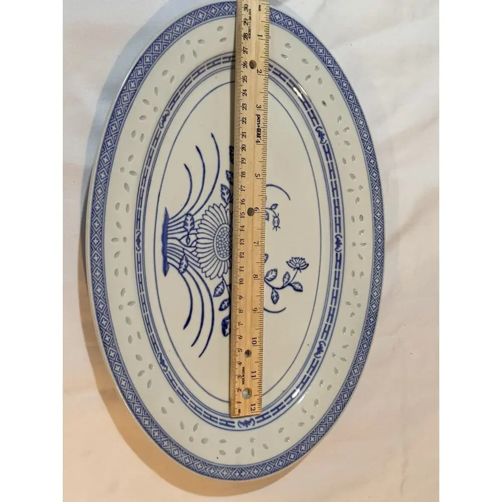Vintage Chinese Rice Grain Porcelain Blue White Oval Serving Platter 15” Floral